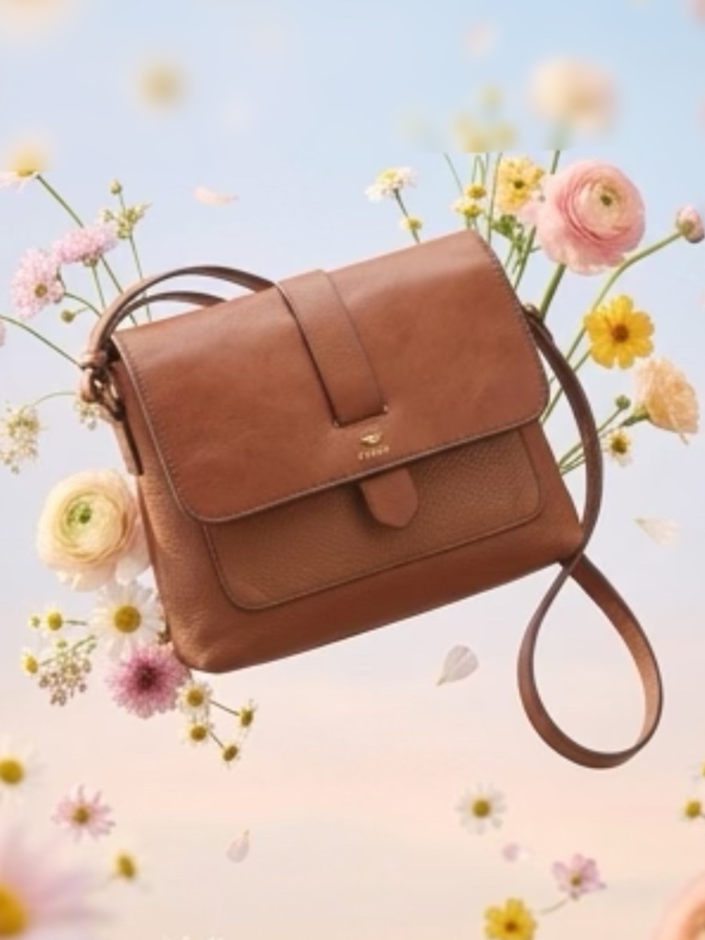 Fossil Leather Crossbody Boho Purse Cognac Color with Adjustable Strap. - Picture 1 of 5